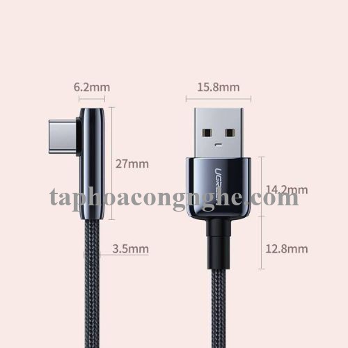 Ugreen 70430 0.25M bẻ góc C 90 độ Cáp USB A sang Type-C 2.0 màu đen truyền dữ liệu từ máy tính ra điện thoại dài 25cm US317 30070430